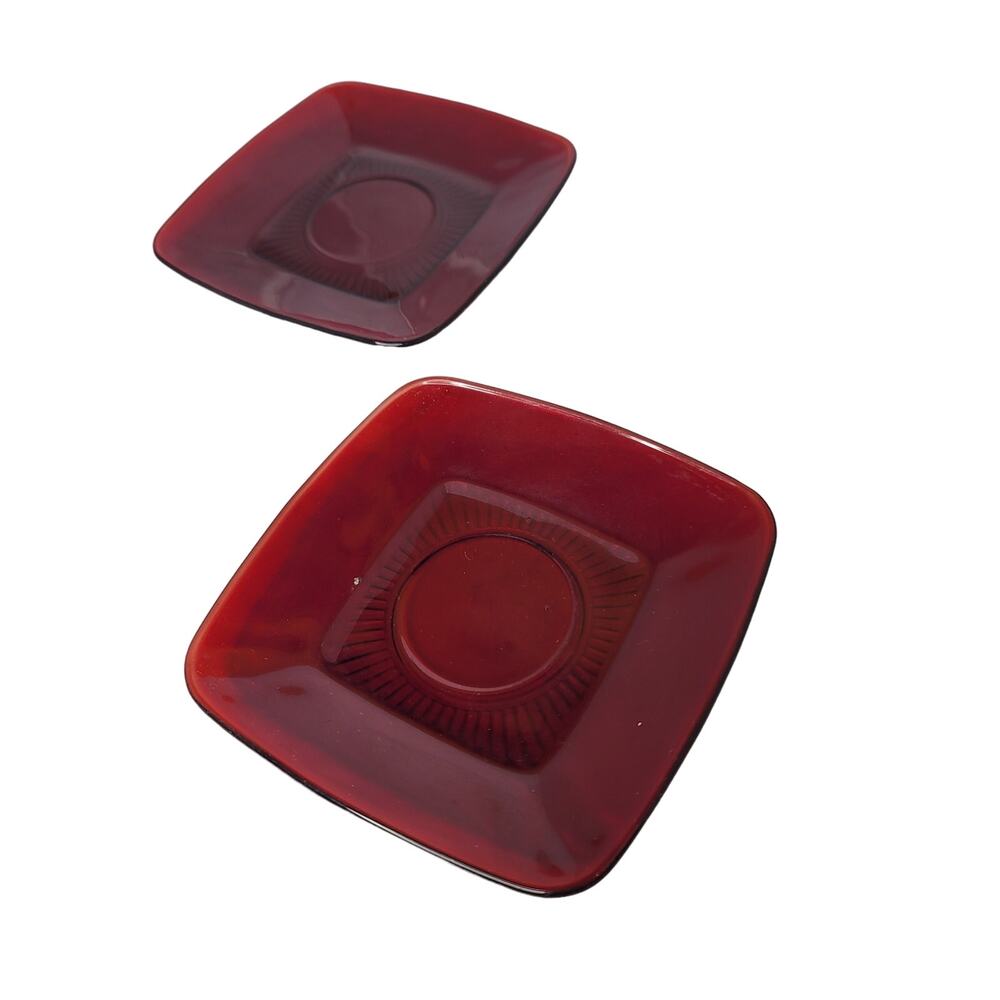 Anchor Hocking Charm Ruby Red Glass Square LOt 2 Saucers Vintage 1950-56